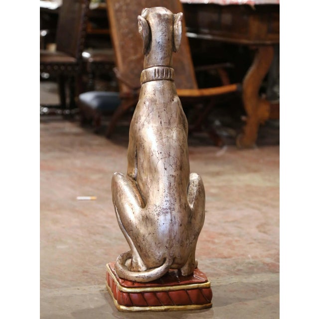 Vintage Italian Silvered Greyhound Dog Sculpture on Red Gilt Base For Sale - Image 9 of 11
