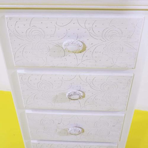 Narrow White Wooden Chest of Drawers with Decorated Drawers For Sale - Image 4 of 10