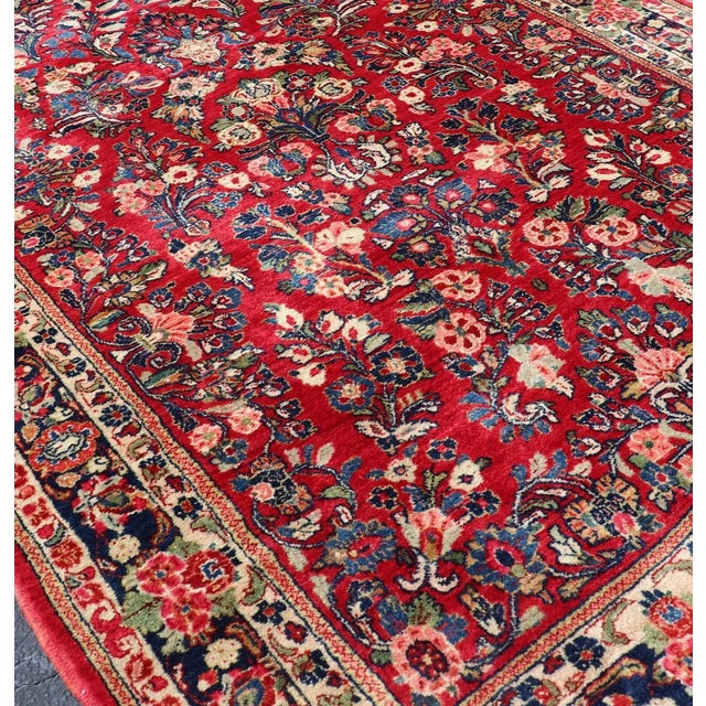 Red Antique Sarouk Long Gallery Runner With All-Over Flower Design in Red Background For Sale - Image 8 of 12