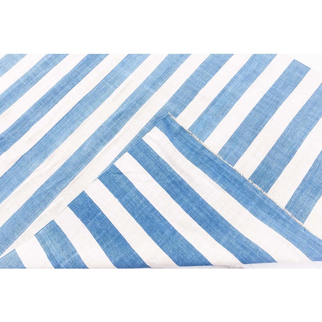 English Doris Leslie Blau Dhurrie Vintage Striped White And Blue Flatweave Cotton Rug For Sale - Image 3 of 8