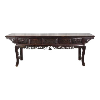 96” Inch Long Antique Brown Chinese Altar Console Table – 3 Drawers For Sale