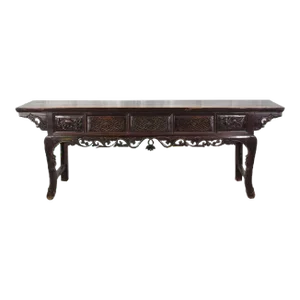 96” Inch Long Antique Brown Chinese Altar Console Table – 3 Drawers