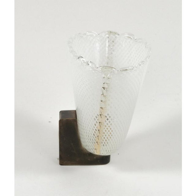Metal Mid-Century Wall Sconce in Brass and Reticello Glass by Venini, Italy, 1950s For Sale - Image 7 of 9