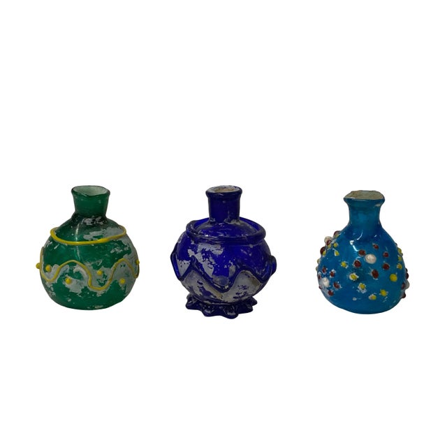 Rustic Contemporary Distressed Look Color Glass Small Bottle Vases- 3 Pieces For Sale - Image 3 of 5