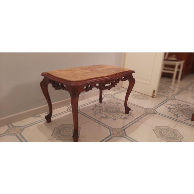 Louis XV style rectangular coffee table in carved wood with fine marble top. Measurements: Height 53cm, Rectangular...