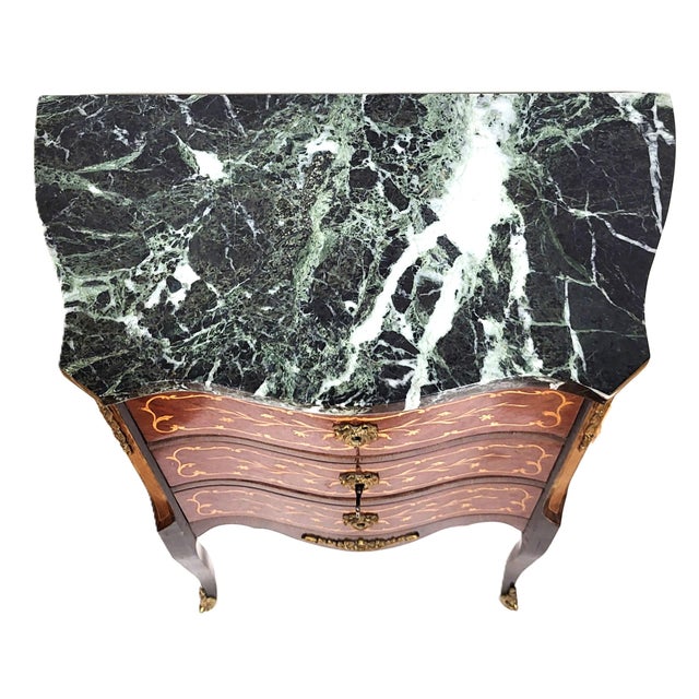 Wood Antique French Louis XV Style Bronze & Inlaid Verde Marble Top Nighstand Chest For Sale - Image 7 of 14