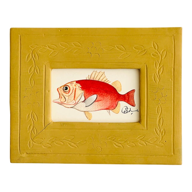 Original Hand-Painted Fish Painting in a Hand-Painted Folk Wooden Frame For Sale