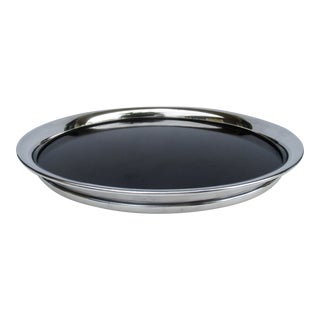 Vintage C.1950's-60's Poole Silversmith's Co., Silver Plate & Black Mica Round Serving Cocktail, Drinks Tray For Sale