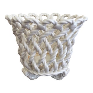 Vintage French Country Reticulated Porcelain Rope-Form Cachepot, Circa 1960s For Sale