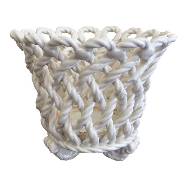 Vintage French Country Reticulated Porcelain Rope-Form Cachepot, Circa 1960s For Sale
