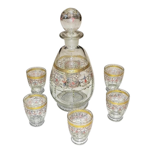 1920s Venetian Decanter & 6 Liquor Glasses- 7 Pieces For Sale