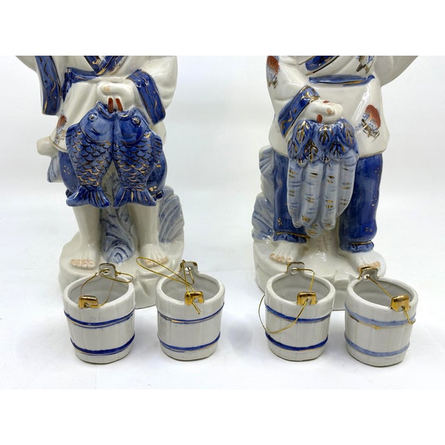Blue Blue and White Asian Man and Woman Fishing Statues- A Set For Sale - Image 8 of 12