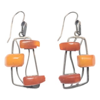 Vintage Artisan 875 Silver & Amber Pierced Wire Earrings, A Pair For Sale