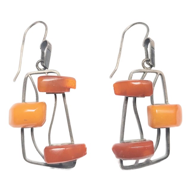 Vintage Artisan 875 Silver & Amber Pierced Wire Earrings, A Pair For Sale