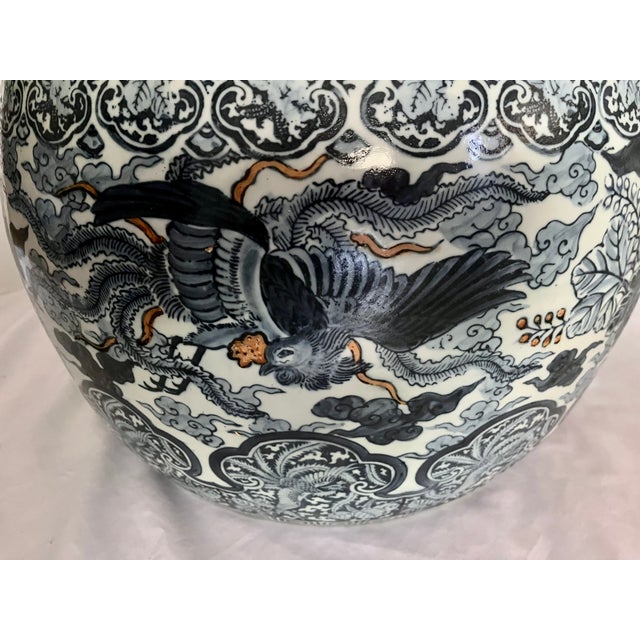 Large 20" Vintage Japanese Blue & White Porcelain Phoenix Jardinière - Signed For Sale - Image 9 of 18