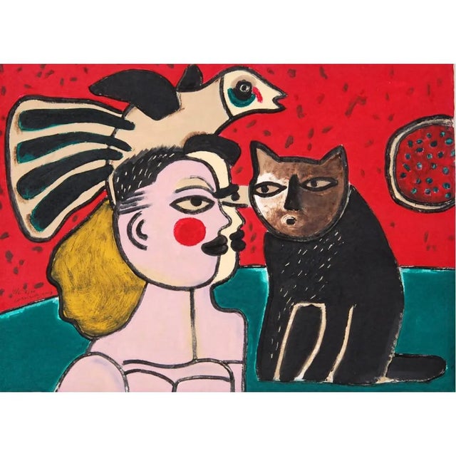 Modern Corneille, Composition of Woman and Bird and Cat, Etching For Sale - Image 3 of 3