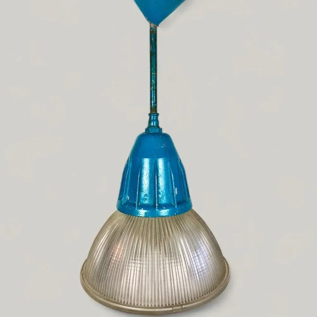 Industrial Bauhaus Factory Pendant Lamp in Blue Holophane Glass, 1920s For Sale - Image 9 of 9