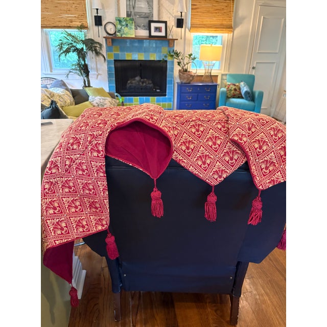 Victorian Brocade Mantle Scarf. Gold Woven Medallion Motif. Seed Pearls Added.tassel Trim on Pointed Ends. Machine Woven 7’ For Sale - Image 3 of 4
