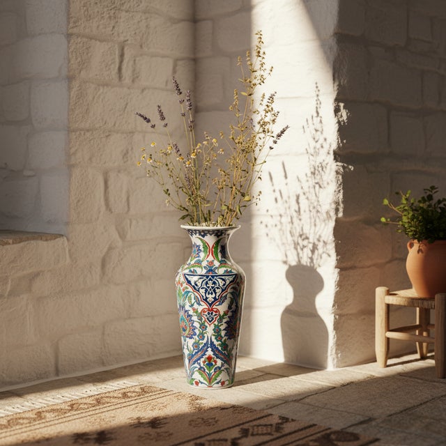 Handmade Ceramic Imperial Palace Vase (60cm) Classic White Symmetrical Saz-Hatai Pattern For Sale - Image 11 of 12
