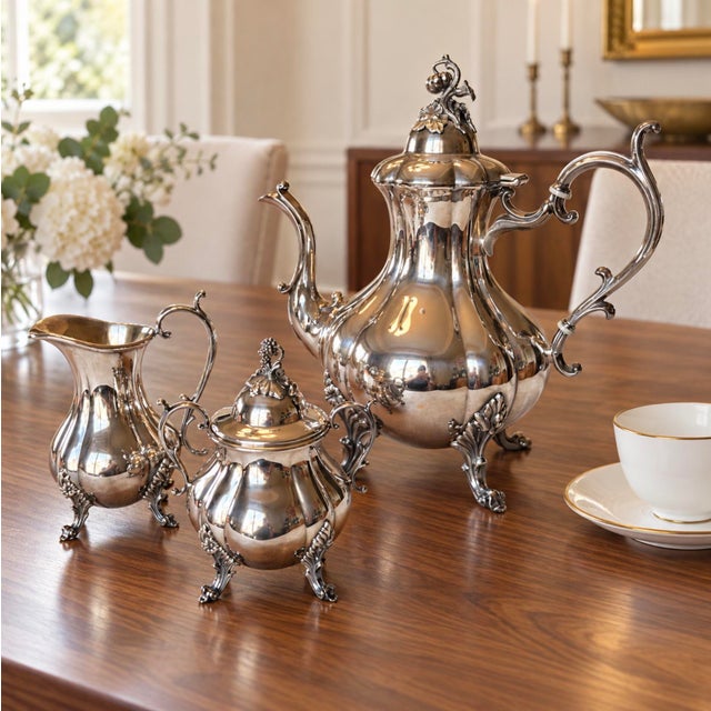 Elegant three-piece Reed & Barton silver-plated tea service in the Winthrop pattern. Sculpted, lobed bodies are...