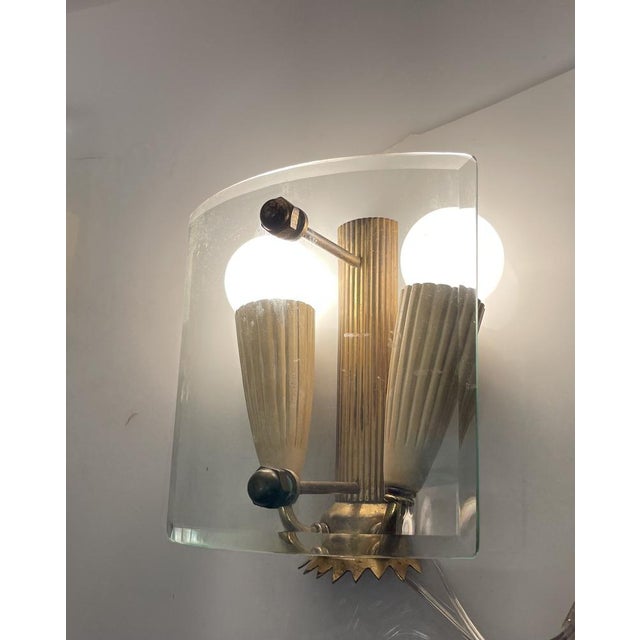 Brass Glass Sconces attributed to Fontana Arte Height 16 cm Width 14 cm Depth 8 cm Features 2 lights Requires E14 light...