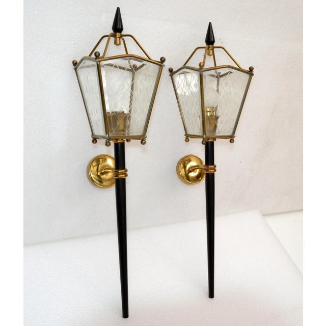 Pair of Jacques Adnet Style Sconces, Wall Lights, Lantern Lamps in Brass, etched Glass and Gun Metal. In perfect working...