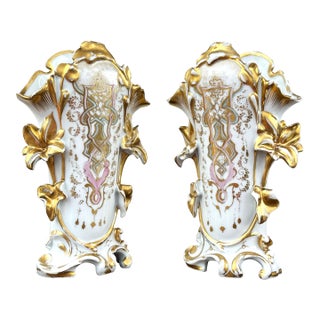 Vieux Paris Porcelain Bridal Vases – 12.25" Tall, Late 1800s French Mantel Wedding Vases For Sale