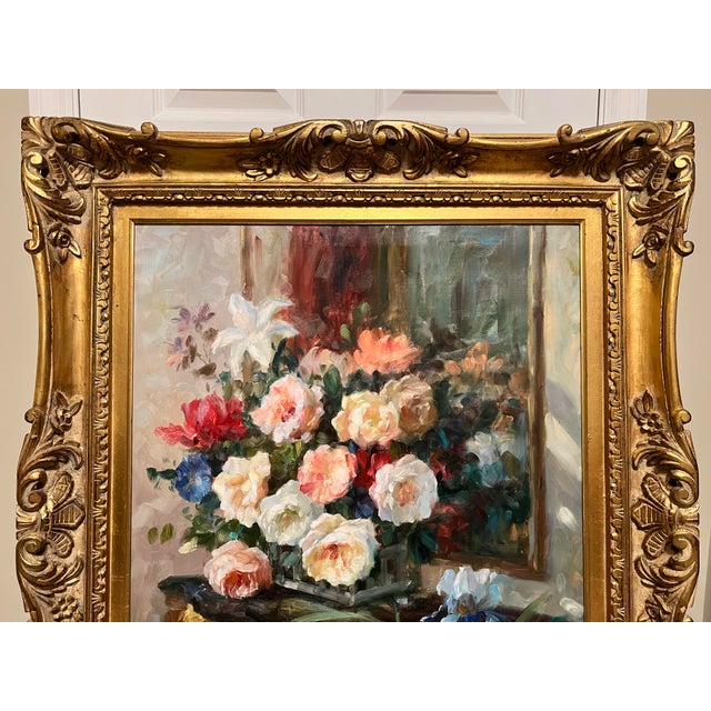 Large Impressionist Original Painting on Canvas Still Life Flowers 33x39 Signed Robis Ornate Victorian Style Frame For Sale - Image 4 of 9