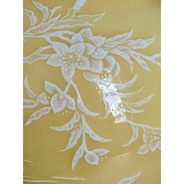 Vintage Lemon Yellow Monochrome Fine Porcelain Chinese Vase With Hand Painted White Pate Scenic Relief For Sale - Image 4 of 10