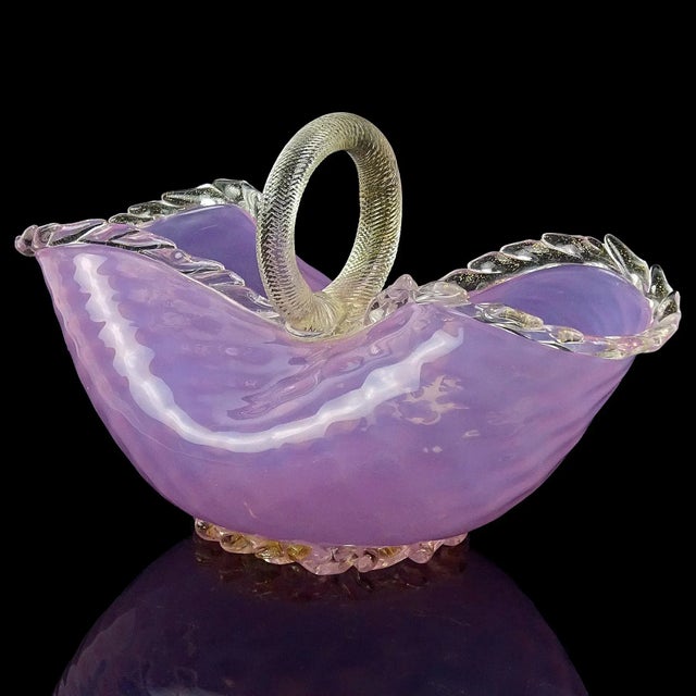 Murano Vintage Murano Large Pink Opalescent Gold Flecks Diamond Quilted Italian Art Glass Basket Flower Vase For Sale - Image 4 of 13