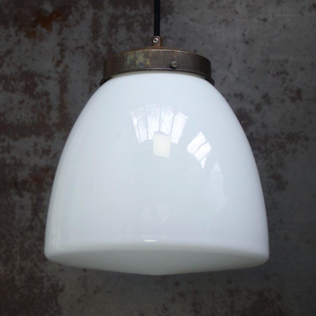 Early 20th Century White Opaline and Brass Top Pendant Light from Philips, Holland For Sale - Image 4 of 7