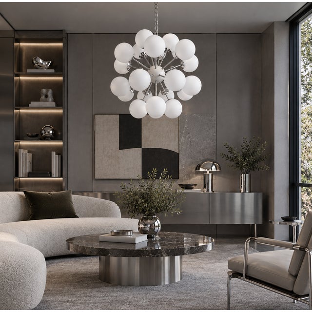 21st Century Nova Polished Nickel Matte White Murano Sputnik Chandelier by Fabio LTD For Sale - Image 6 of 6