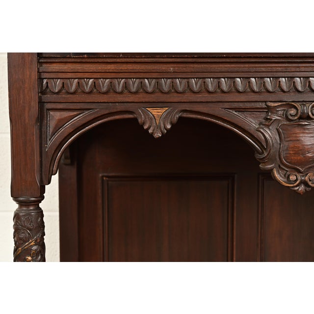 Antique English Victorian or Gothic Revival Carved Walnut Drop Front Secretary Desk | Circa 1880s For Sale - Image 9 of 14