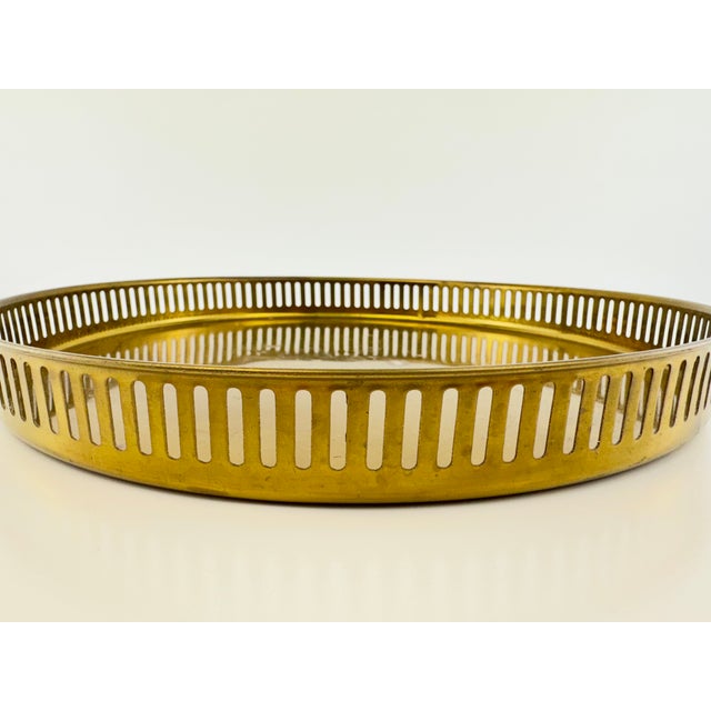 Vintage Hollywood Regency Round Brass Gallery Tray With Pierced Rim For Sale - Image 4 of 9