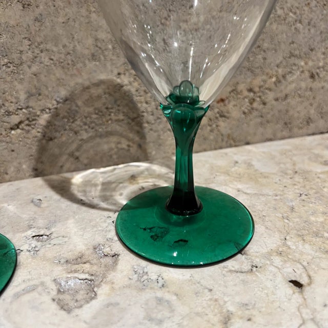 Late 20th Century 1970s Pair of Green Stem Wine Water Goblet Glasses For Sale - Image 5 of 6