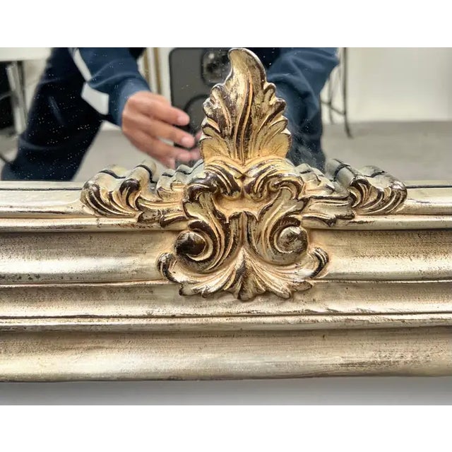 Wood Neoclassical Revival Champagne Gold Large Mirror With Urn and Floral Pediment For Sale - Image 7 of 12