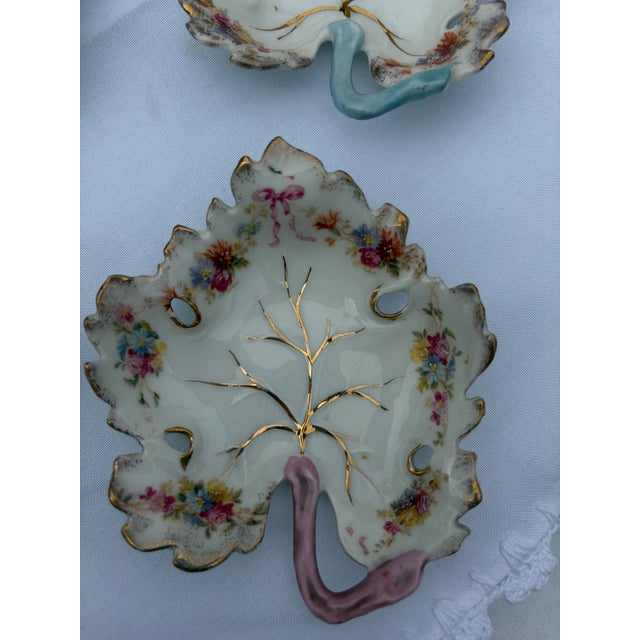Ceramic Vintage Hand-Painted Porcelain Leaf Dishes With Pink & Blue Stems - Set of 4 For Sale - Image 7 of 11