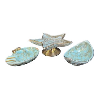Mid-Century Delft Holland Hand-Painted Blue/Gold Ceramic Bowl/Ashtray/Platter Set - 3 Pieces For Sale
