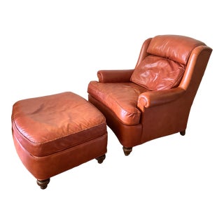 Late 20th Century Drexel Heritage Leather Club Chair With Ottoman For Sale