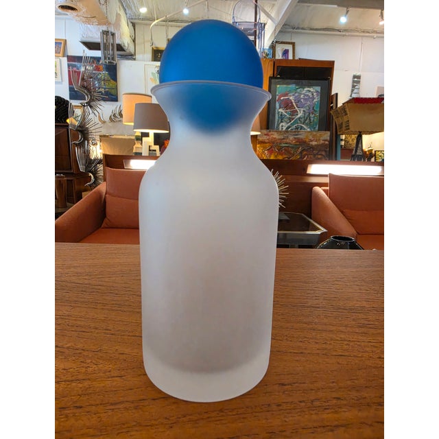 Vintage Frosted Glass Decanter / Bottle With Cobalt Blue Ball Stopper For Sale - Image 10 of 14