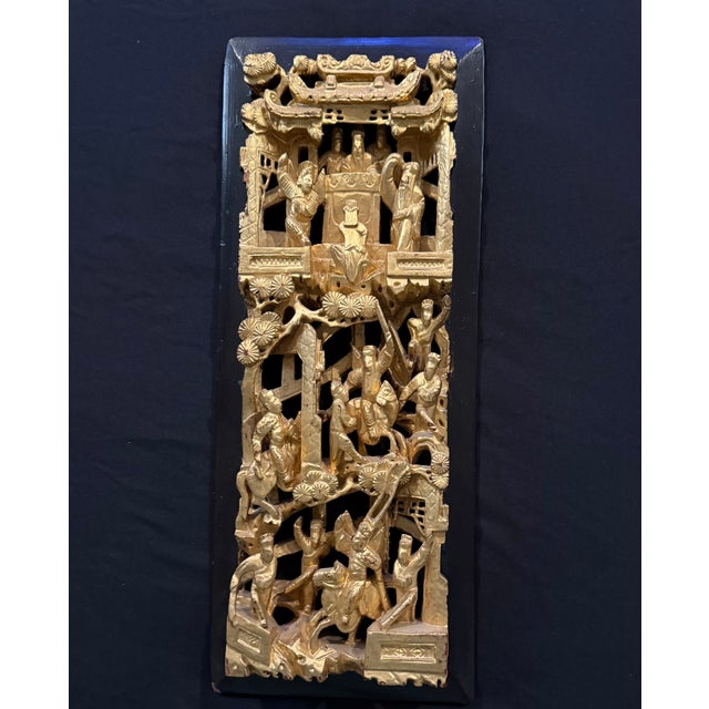 Chinese Gilt Lacquer Carved Wood Panels, Set of 3 - Figural Court Scenes, Qing/Republic Period For Sale - Image 4 of 5