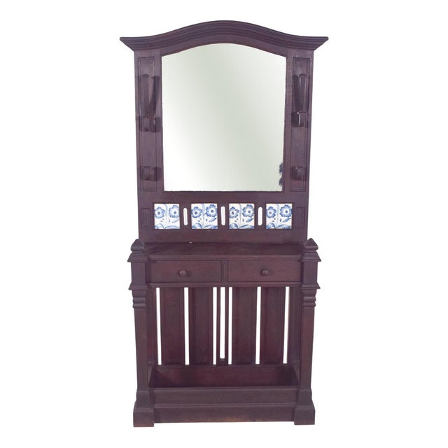 Brown Portuguese Coat Rack with Tiles and Mirror, 1920s For Sale - Image 8 of 8