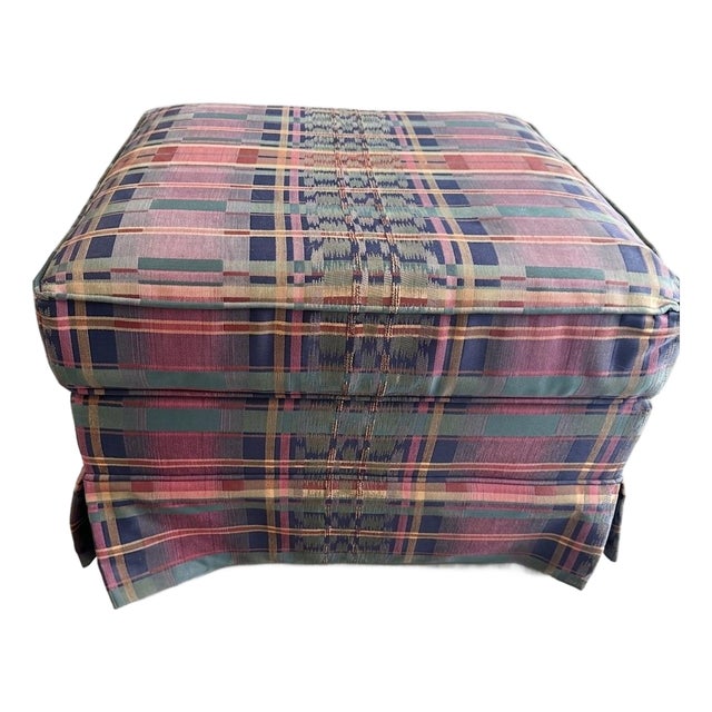 Vintage Taylor King Artisans Custom Jewel Plaid Skirted Ottoman on Brass Casters (1996) For Sale
