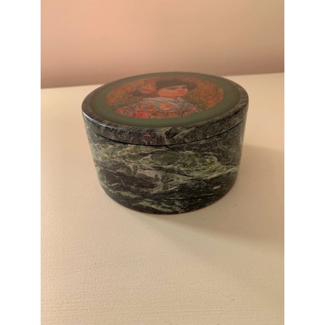 Vintage Mid Century Neoclassical Green Marble Round Box For Sale - Image 9 of 10