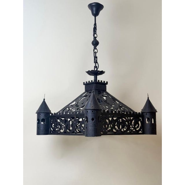 Antique Gothic Revival Wrought Iron Castle Chandelier with Turrets, 1910 For Sale - Image 10 of 18