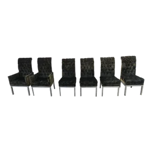 Hollywood Regency High Back Aluminum Black Gold Dining Chairs Set of Six