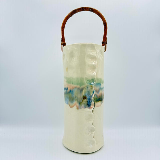 Signed 1992 Studio Pottery Vase With Bamboo Handle, Organic Modern Ceramic Vessel, Handcrafted Art Pottery, Neutral Glaze Cylinder For Sale - Image 9 of 11