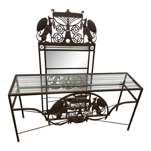 Wrought Iron Glass Top Console Table & Mirror Set-A Pair For Sale