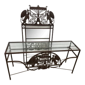 Wrought Iron Glass Top Console Table & Mirror Set-A Pair