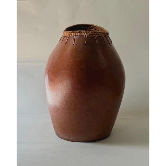 Pair of Vintage Indonesian Ceramic Vessels With Hand-Woven Rattan Rim For Sale - Image 15 of 18